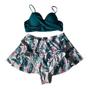 3PC Shein Swimsuit Set XL (Fits L/12-13) Floral High Waist Skirt Bottoms & Top
